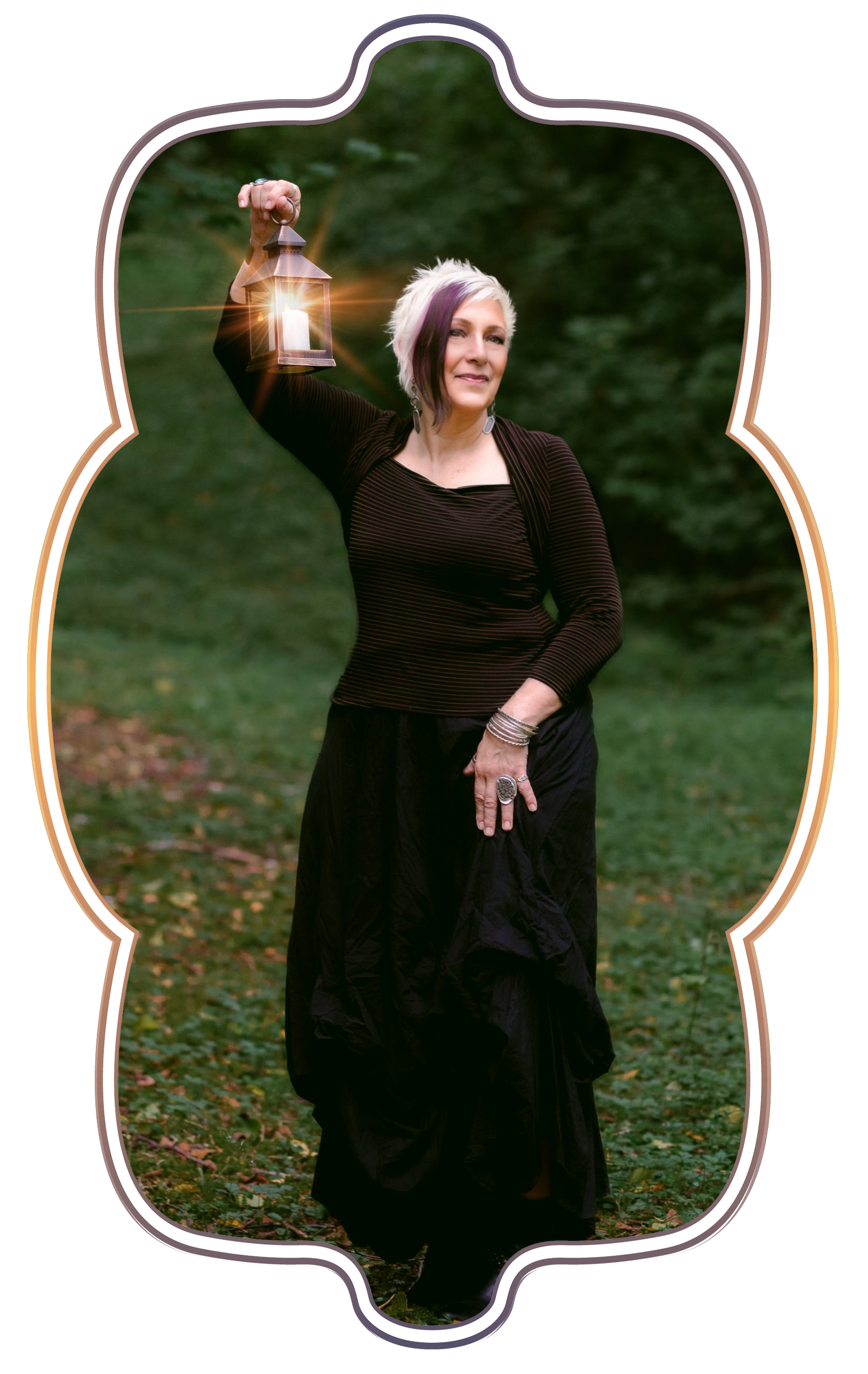 Leslie, looking to the side, holding a lantern