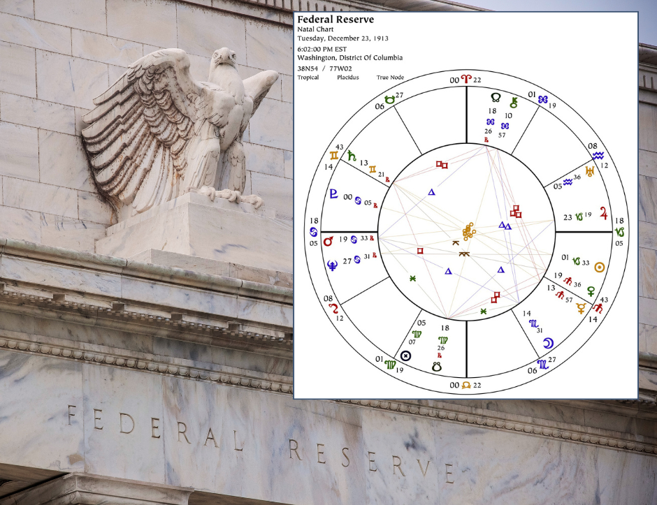 The birth chart of the US Federal Reserve overlayed on an image of the building facade