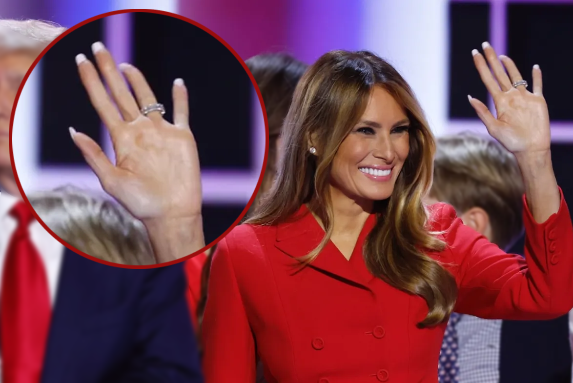Melania Trump waving with close-up of her hand