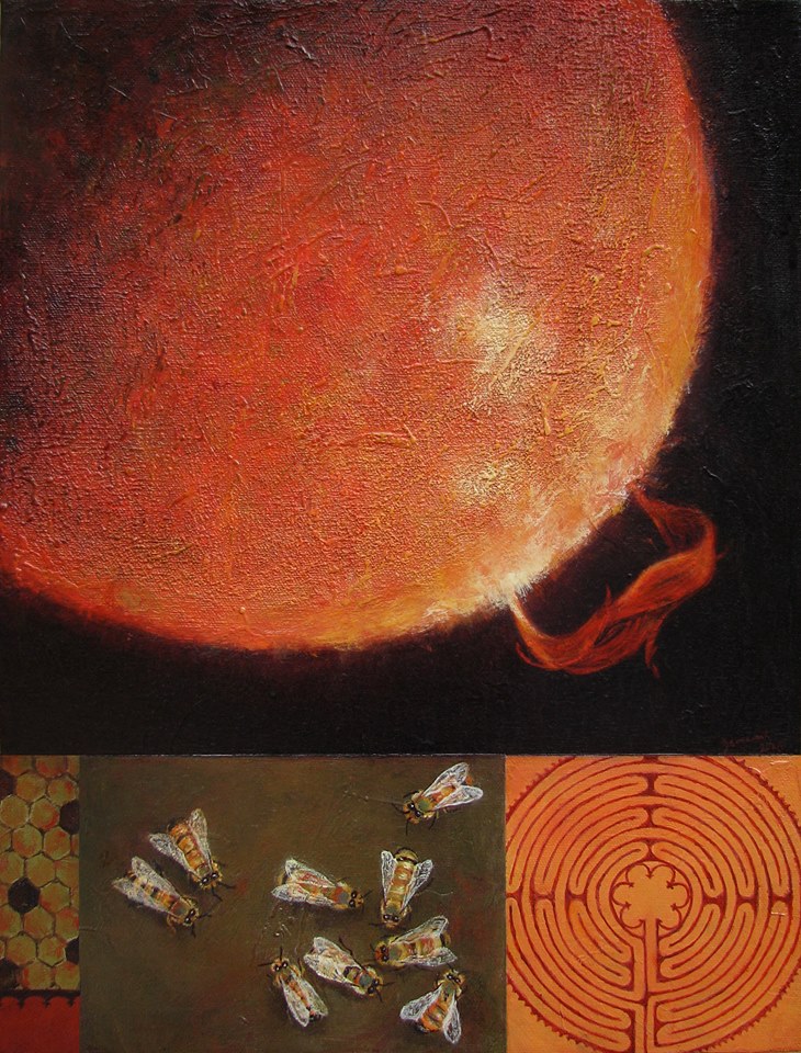 A painting of a solar flare, a labyrinth, and nine bees by Leslie Zemenek