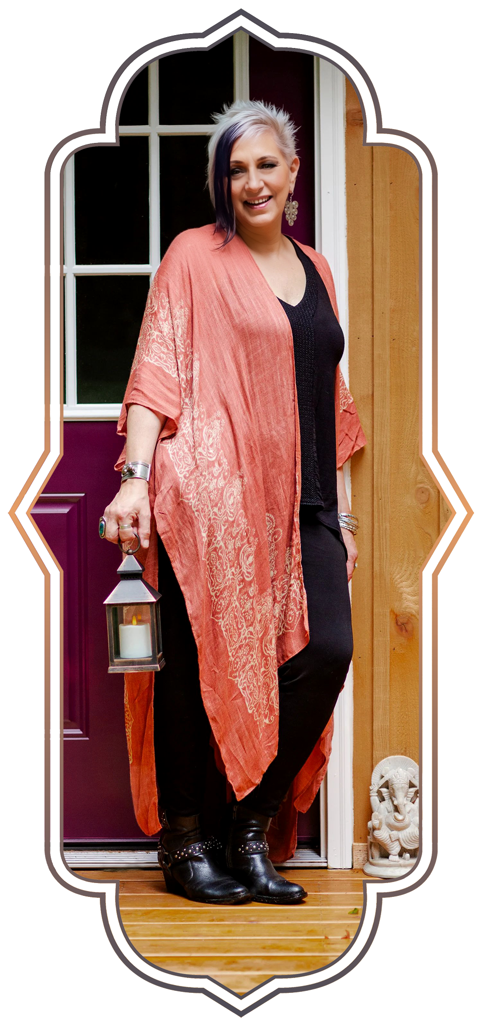 Leslie Standing in the Forest In A Long Black Skirt, Holding an Lantern